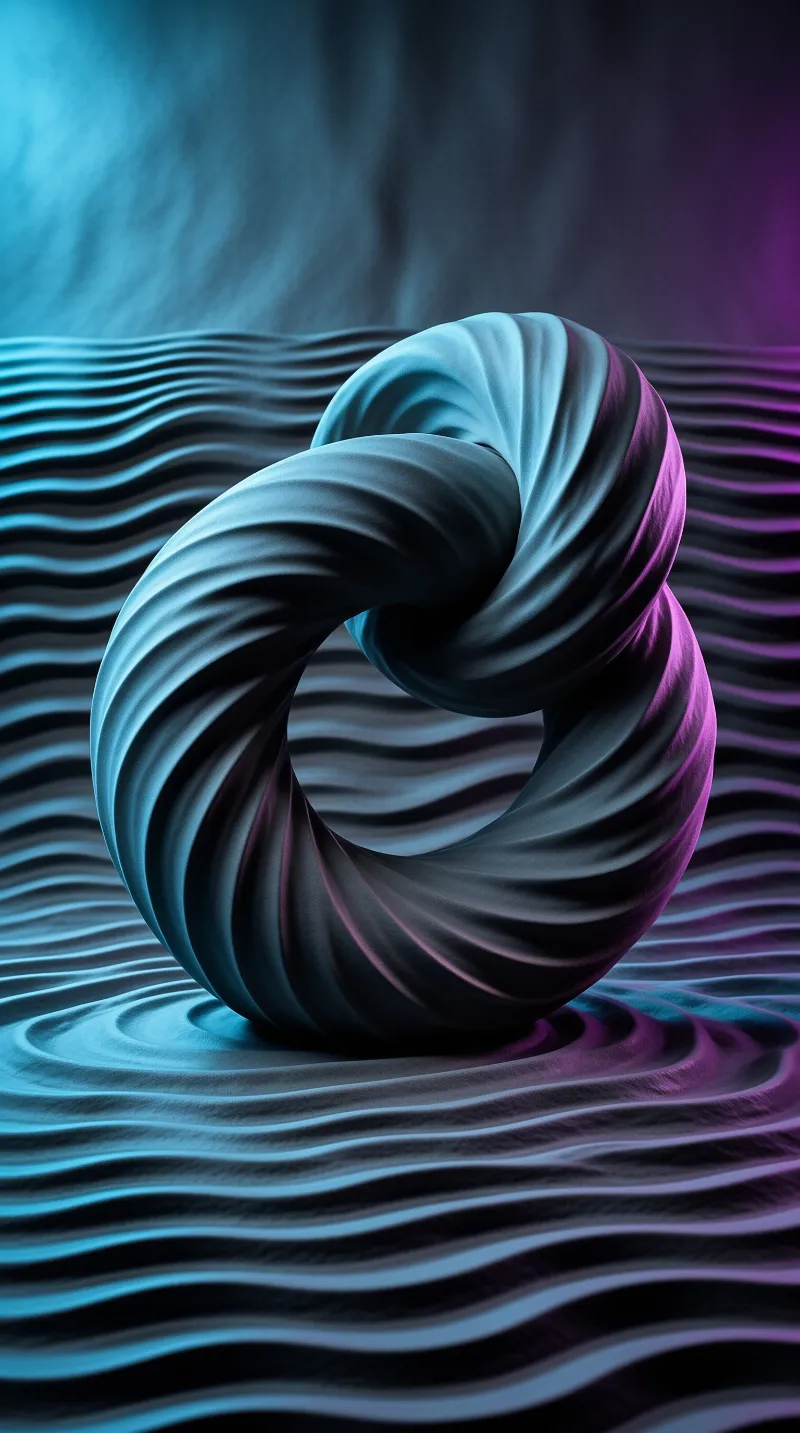 A swirled ribbed twisted knot rests atop a rippled silk surface lit by cool cyan and purple gradient lighting.