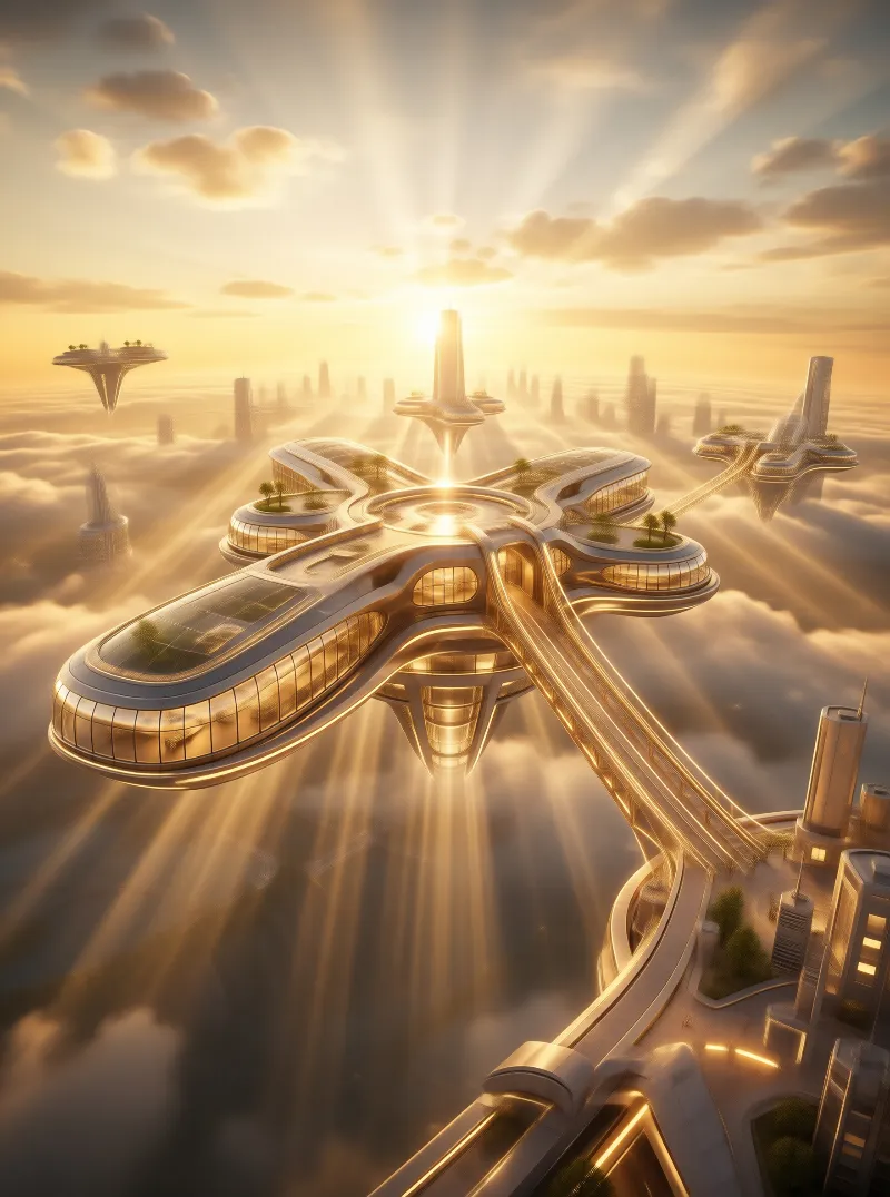 Futuristic Floating City at Sunrise