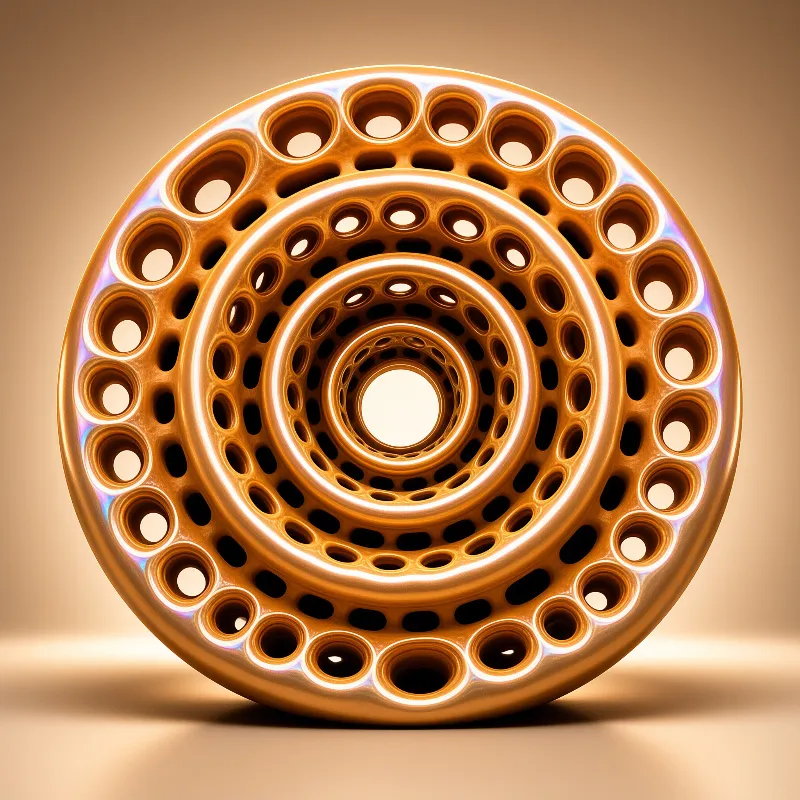 A metallic gold cylinder featuring concentric rings of holes stands against a soft beige backdrop.