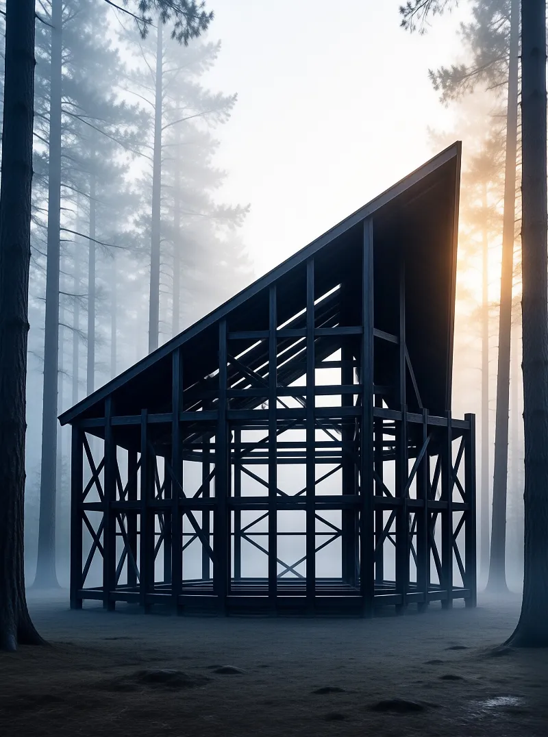 A dark wooden frame structure stands among tall foggy pine trees with warm golden light glowing behind it.