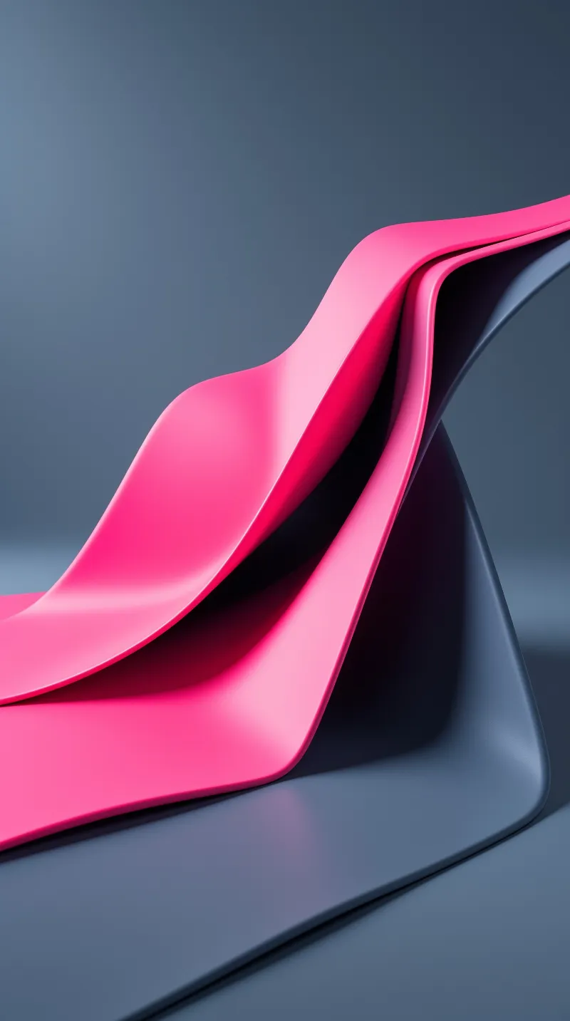 A vibrant pink ribbon-like structure curves smoothly across a dark blue background with soft lighting.