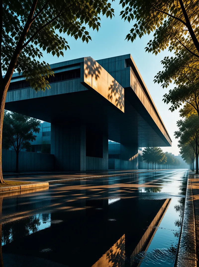 A large concrete cantilever structure dominates a wet street reflecting golden hour light and tree shadows.