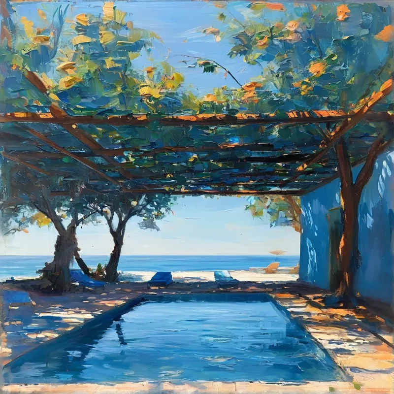 Oil painting showing a sunlit pool beneath a wooden pergola near the beach.