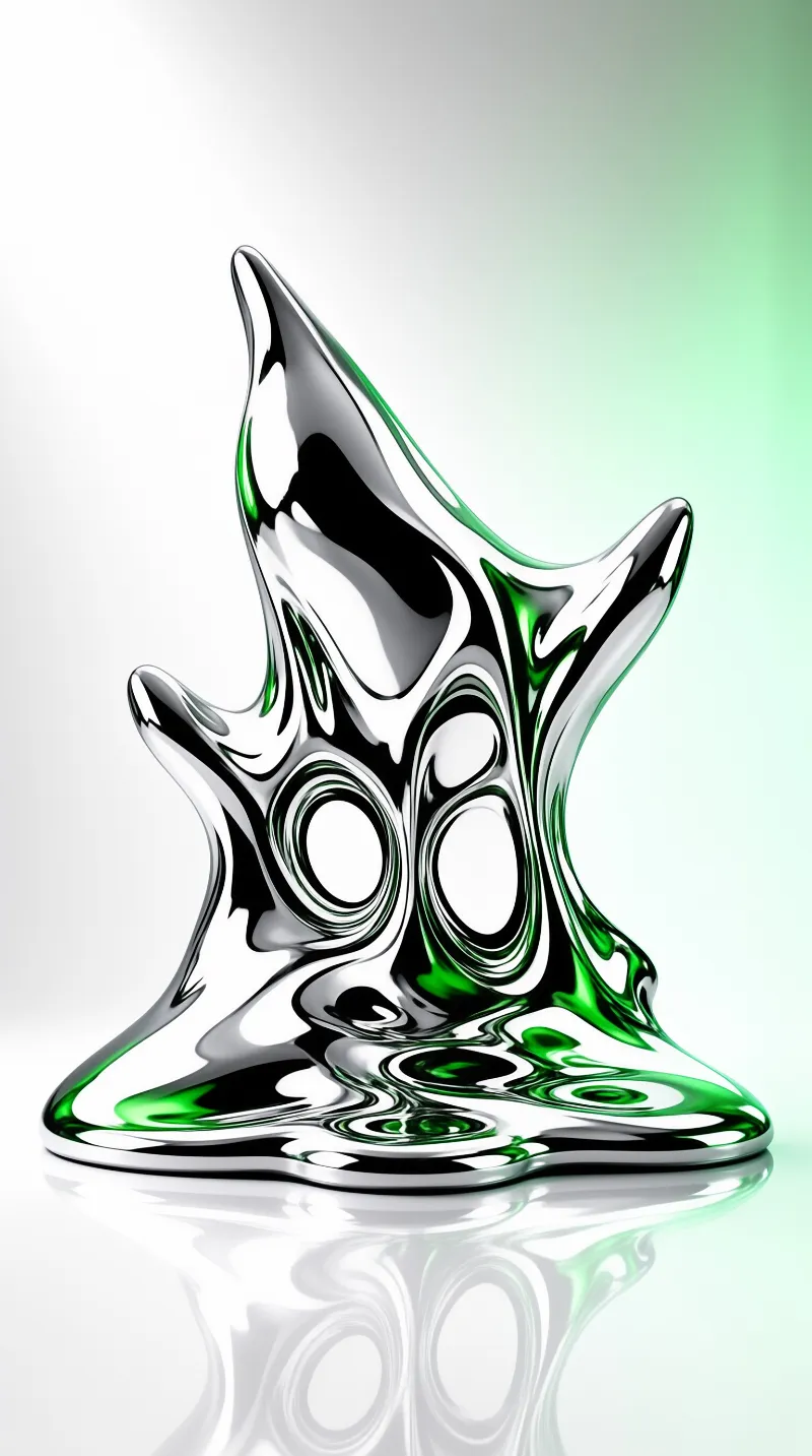 A shiny organic liquid metal sculpture reflects bright green highlights while resting on a reflective white surface.