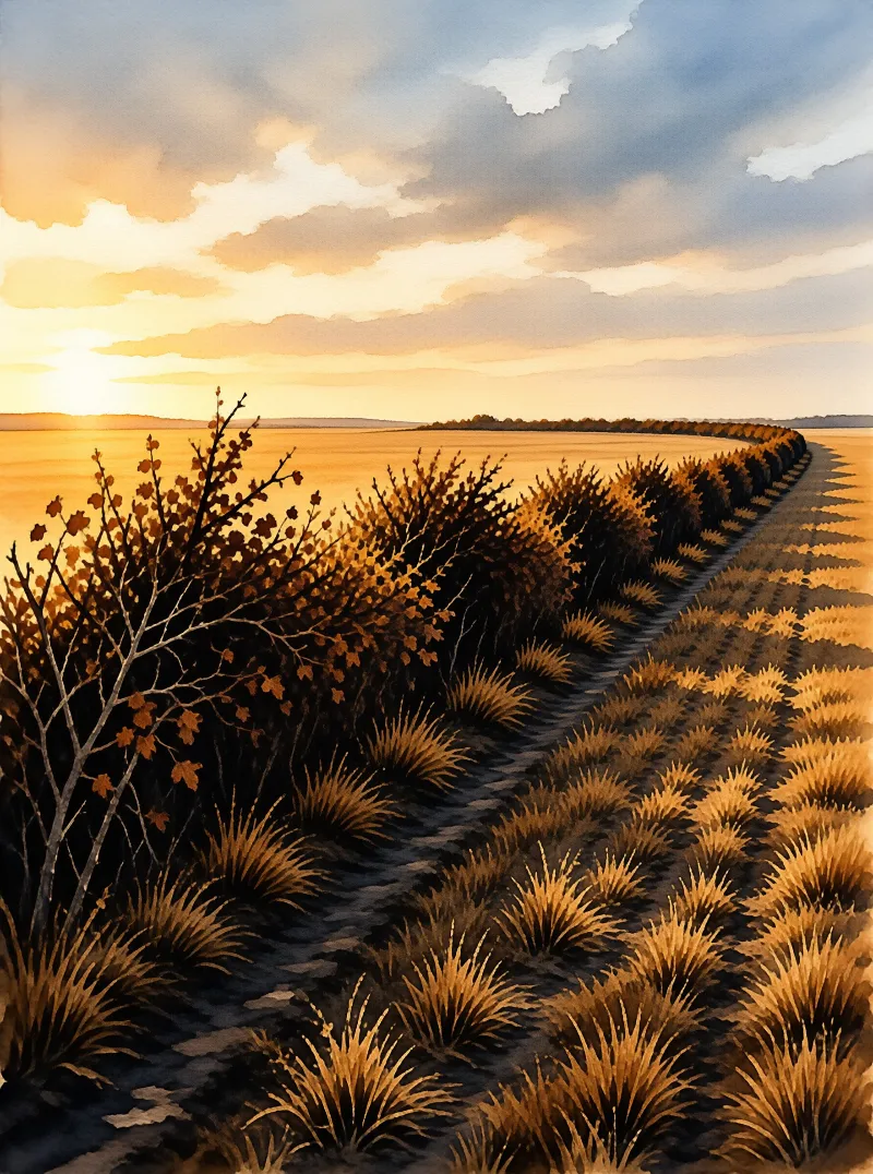 Rows of golden crops stretch toward the horizon where the sun sets behind scattered clouds.