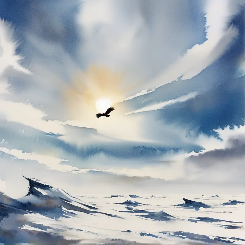 A black soaring eagle is silhouetted by sun light piercing pale blue and white cloud cover over a wide snow-covered tundra with rocky outcrops.