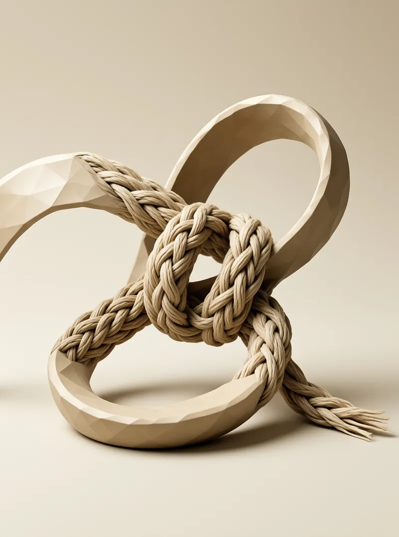 A cream braided rope ties a knot around a low-poly faceted ribbon loop set against a soft neutral studio background