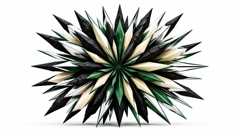 Layered starburst sculpture with angular fragments in dark green, white, black, and gold, isolated on a white surface.