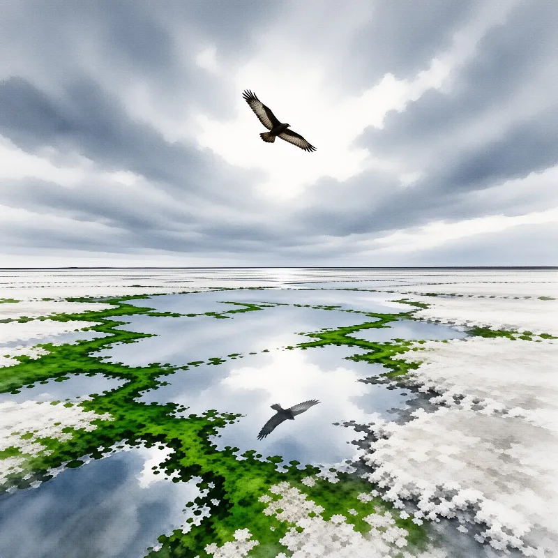 A hawk flies above a vast white marshland where green patches surround water reflecting the cloudy sky.