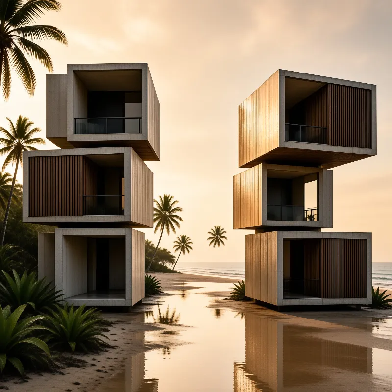 Two cubic buildings made of concrete and wood sit on a wet sandy beach surrounded by palm trees during a warm sunset.