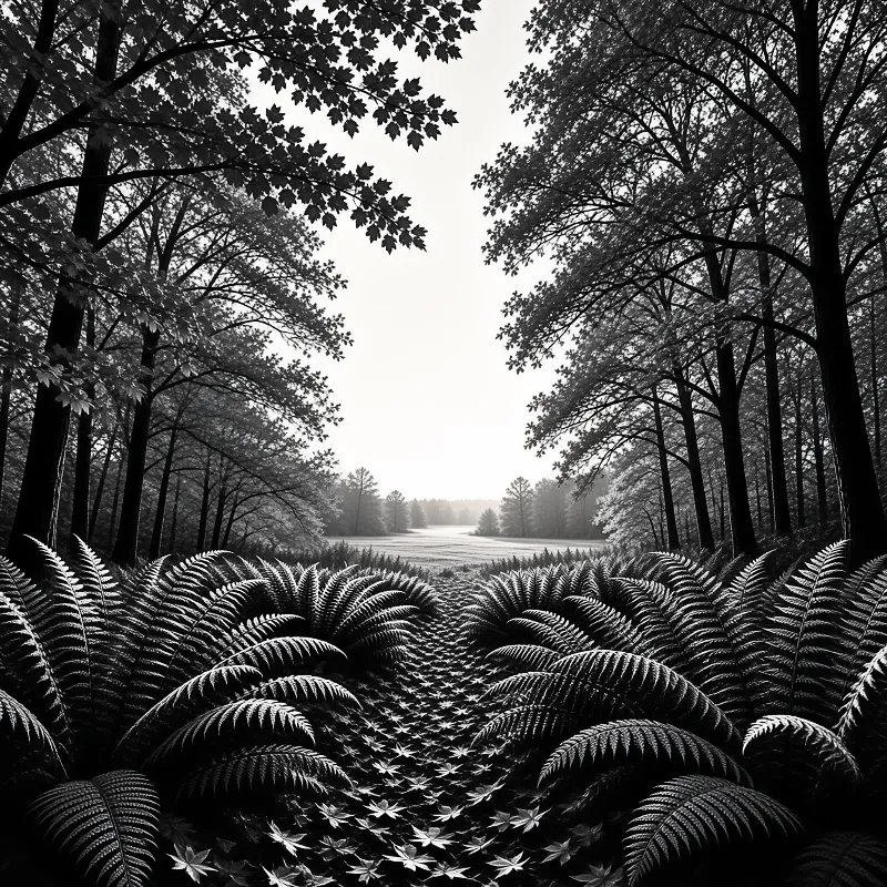 Monochrome woodland scene where layered ferns frame a narrow corridor opening onto a bright clearing