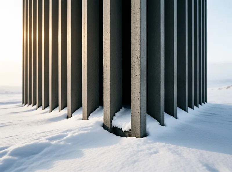 Tall vertical concrete slabs stand in a row in deep snow with warm sunlight glowing through gaps on the left.