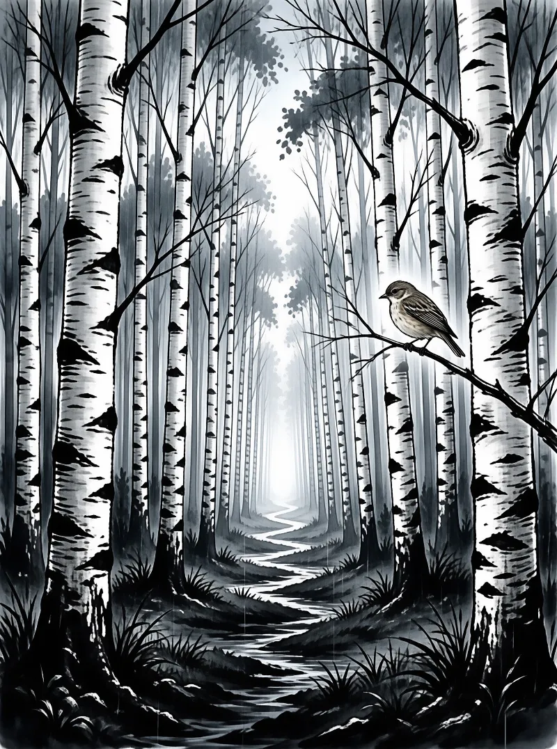 A small bird rests on a branch in a monochrome birch forest where a winding stream leads toward bright light.