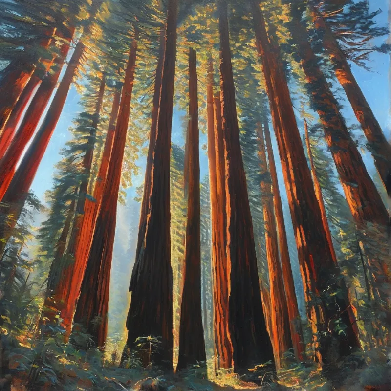 Massive red trunks stretch vertically toward a blue sky while warm sunbeams filter through the upper forest canopy.