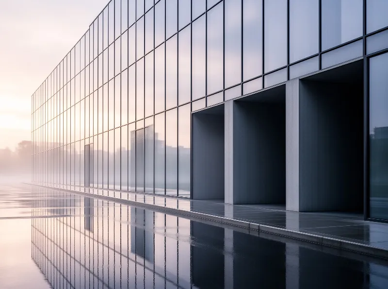 A modern glass curtain wall with dark mullions mirrors itself in calm water under a warm hazy sky.