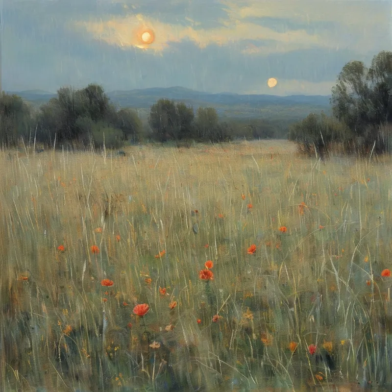 A painting of a grassy meadow dotted with red poppies under a hazy sky with two glowing orbs and distant mountains.