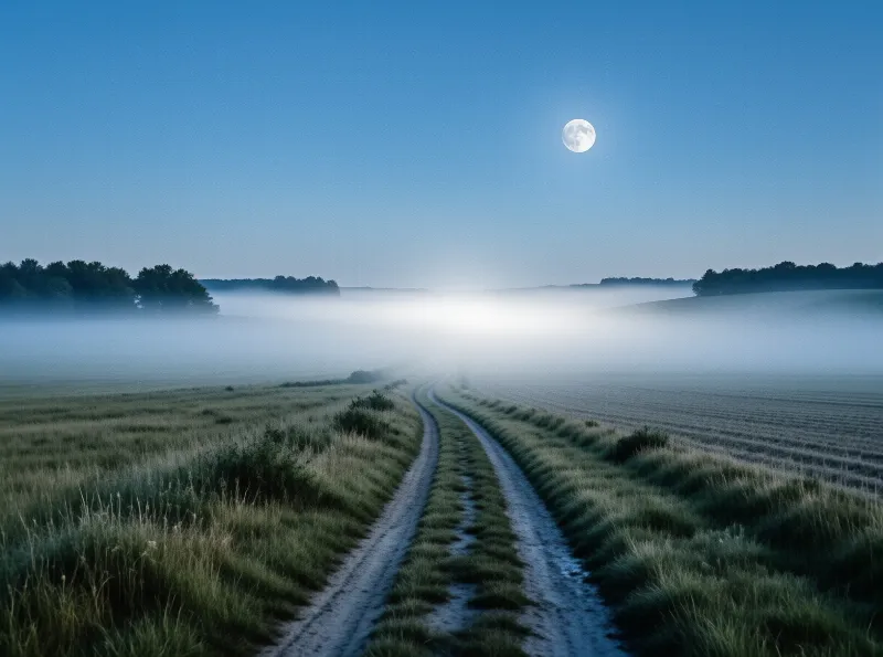 Winding dirt tracks lead through a grassy field toward a bright foggy horizon where a full moon hangs in the blue sky.