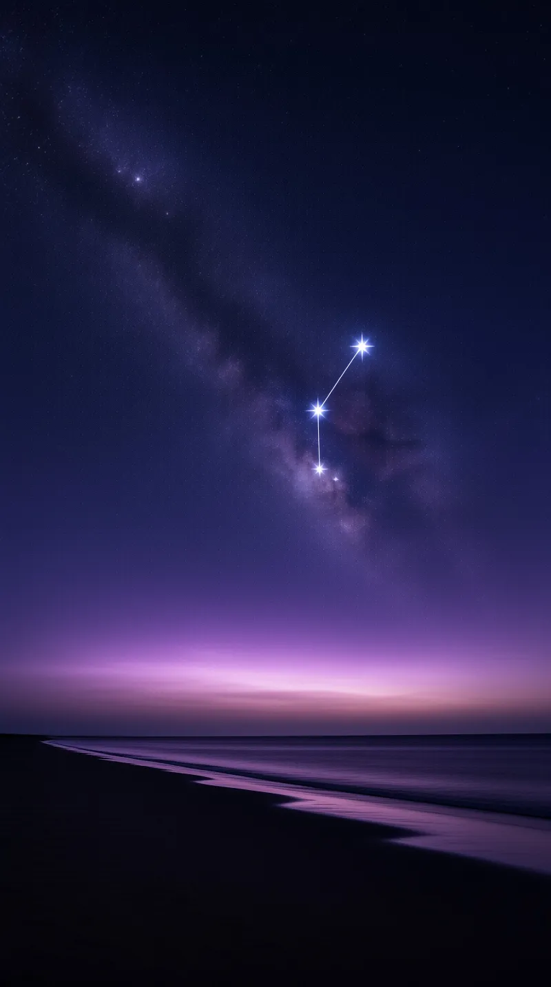 A dark beach and calm ocean lie beneath a deep purple sky filled with the Milky Way and three connected stars.