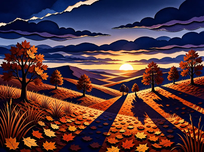 Papercut art shows orange autumn trees on hills casting shadows toward a setting sun under a blue sky.