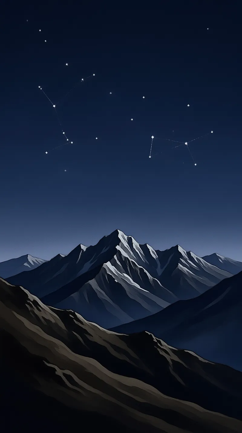 Snow capped mountains rise beneath a dark blue sky filled with white stars connected by thin lines forming constellation patterns across the night.