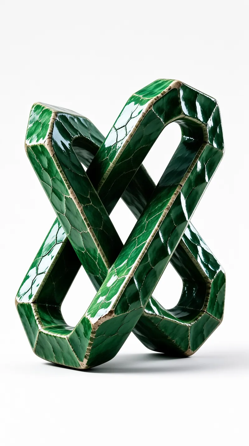An interwoven green ceramic knot with crackled glaze sits against a plain white background under even studio lighting, showing glossy surfaces and gold-toned edges.