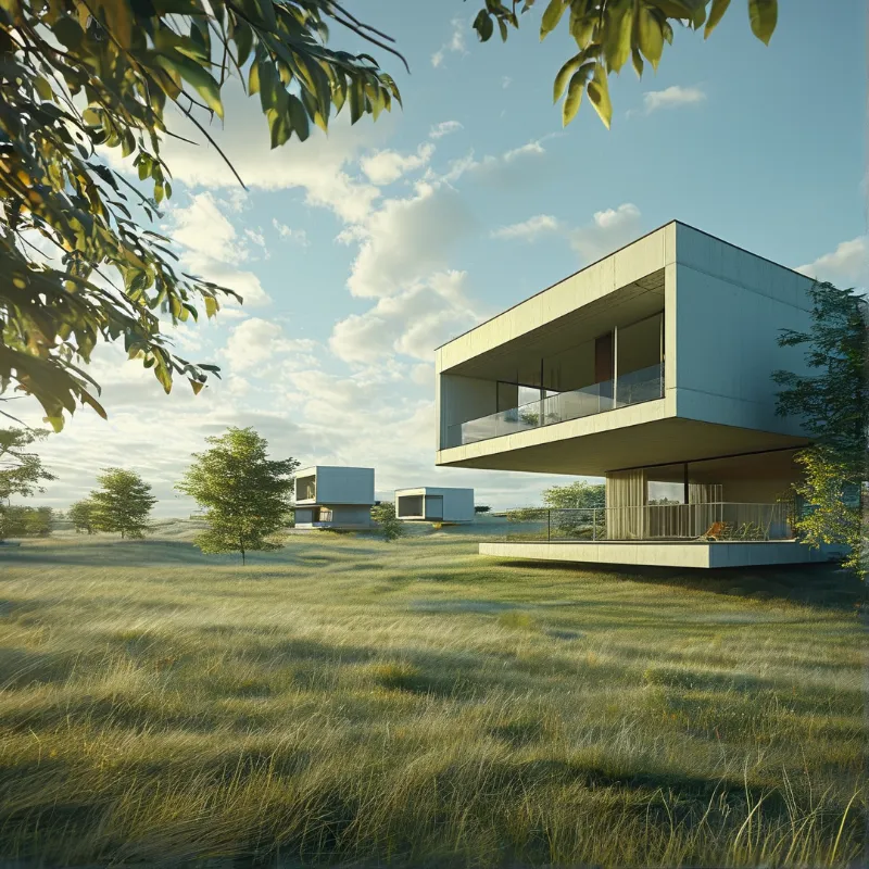 A white geometric structure with a glass balcony sits on a raised platform amidst a green lawn under a blue sky.