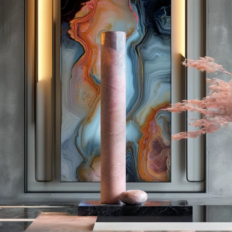 A tall pink stone column stands on a black marble base before a colorful swirling wall panel with vertical lights.