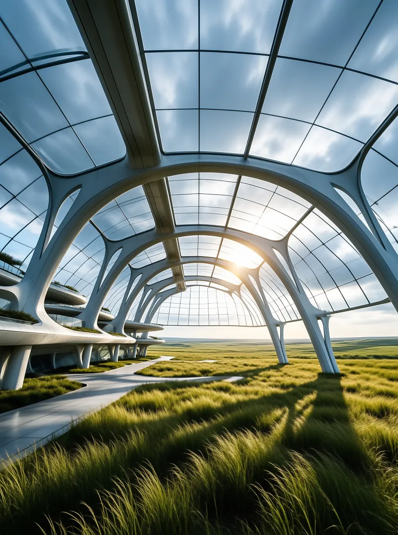 Slender white ribs fan out beneath a vast glass roof, sheltering a curving path across rolling green fields.