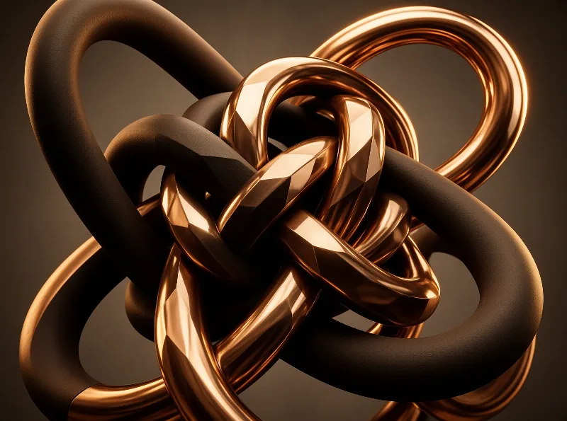 Shiny copper tubes and matte black loops form a complex interwoven knot against a dark gradient background.