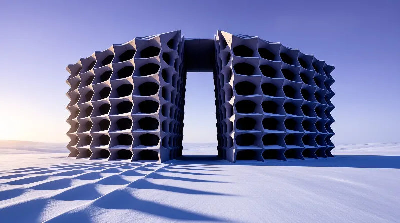 Honeycomb lattice arch stands on a white salt flat, low sunrise light casts long grid-like shadows across the ground