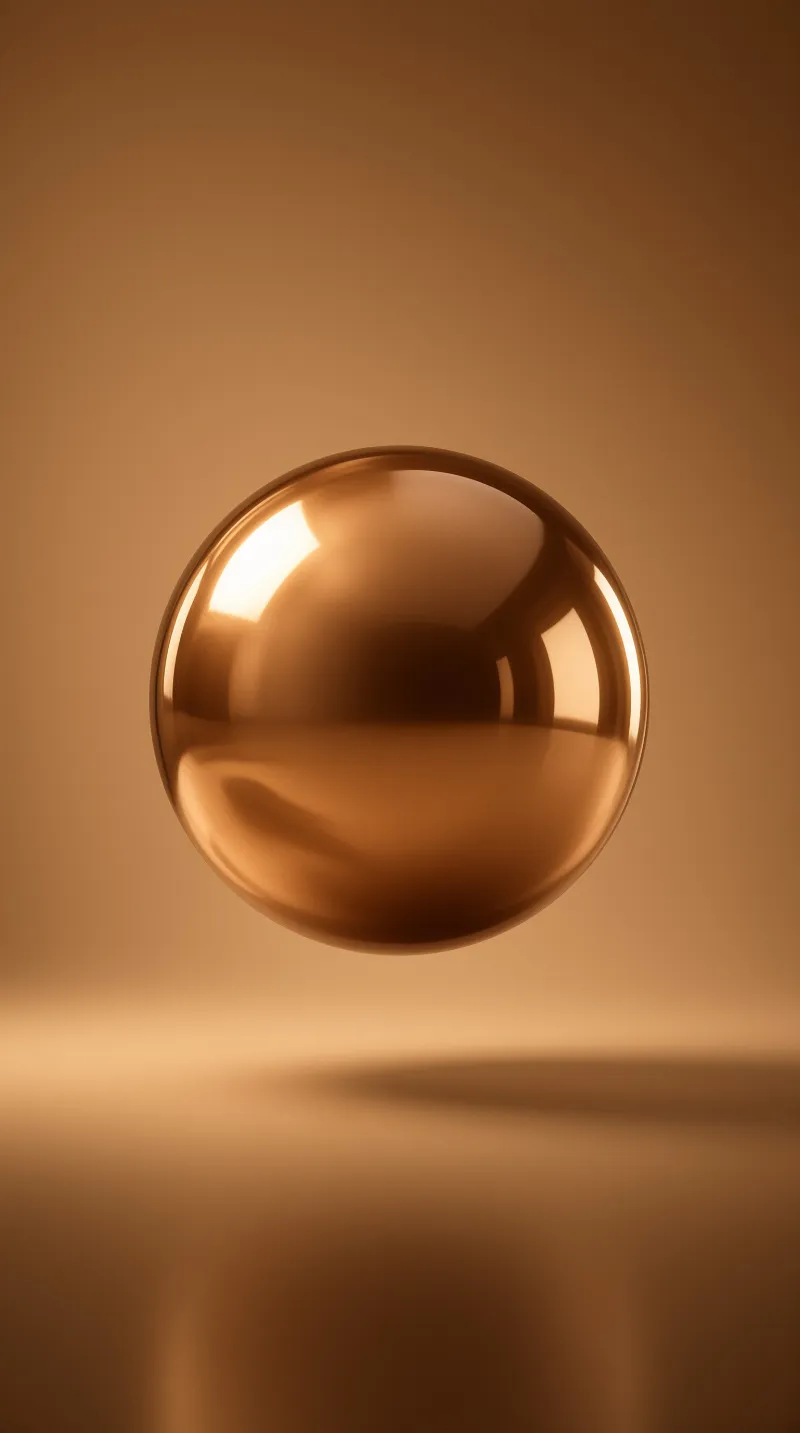 A glossy bronze ball hovers suspended above a dark shadowed floor reflecting warm golden illumination.