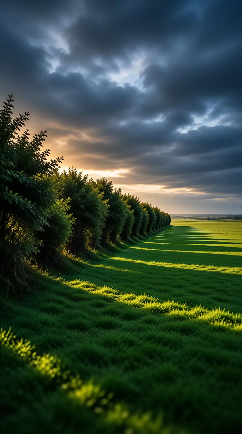 A row of dense green shrubs casts long diagonal shadows across a lush meadow under a dramatic cloudy sunset sky.
