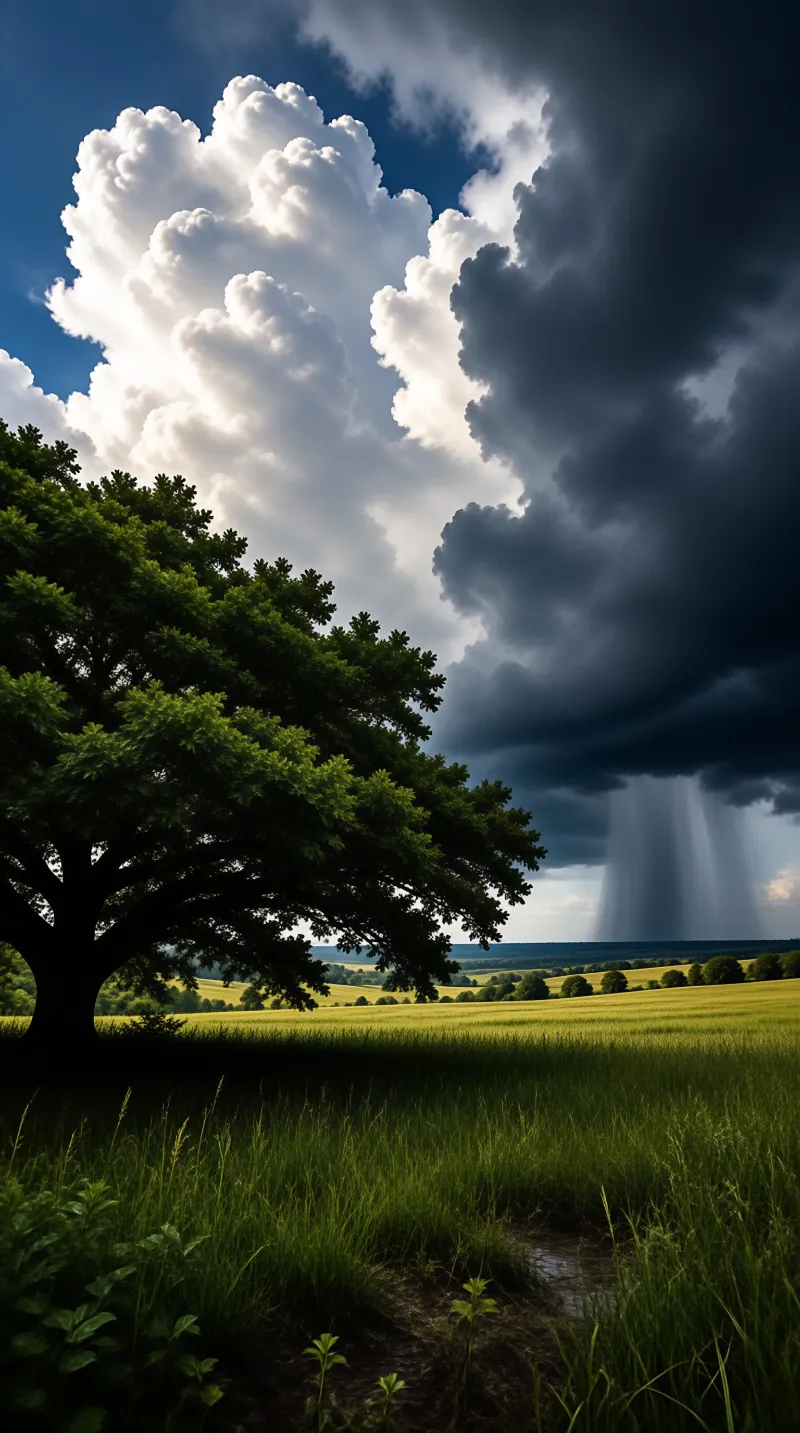 A large leafy tree shades a grassy foreground while a curtain of rain falls over farmed fields beyond