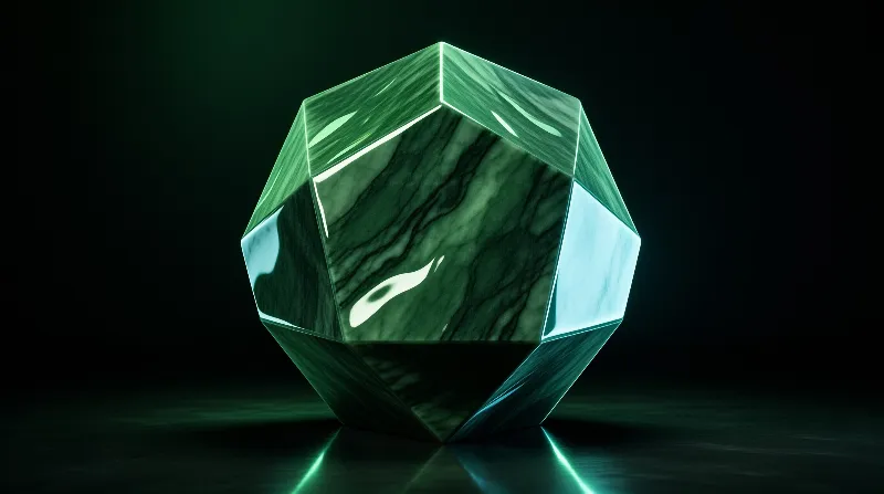 A many-sided stone solid with veined jade faces sits on a polished black plane, lit so its edges glow pale mint.