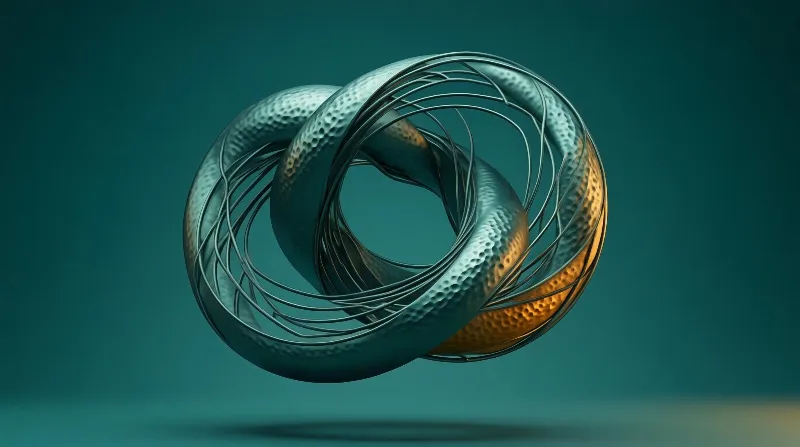 A metallic, twisted torus structure with hammered texture and golden highlights floats against a solid teal background, surrounded by thin wire loops.
