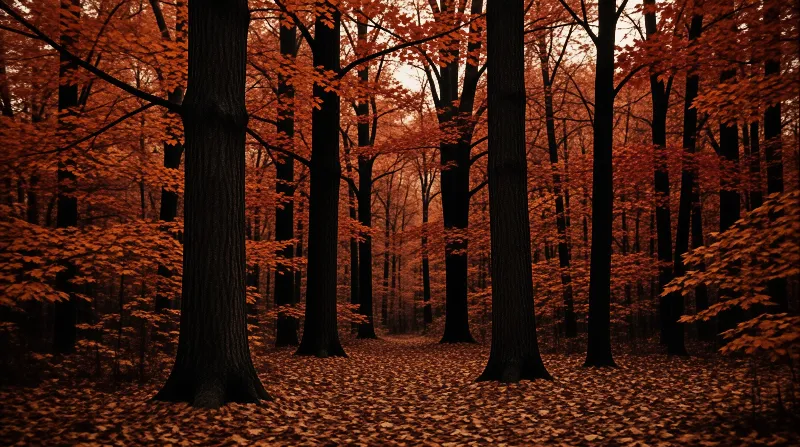 A path winds through a forest of dark trunks and bright orange leaves, illuminated by soft warm autumn light.
