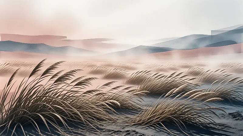 Tall brown grasses blow sideways across a sandy foreground while pastel mountains rise in the hazy distance.