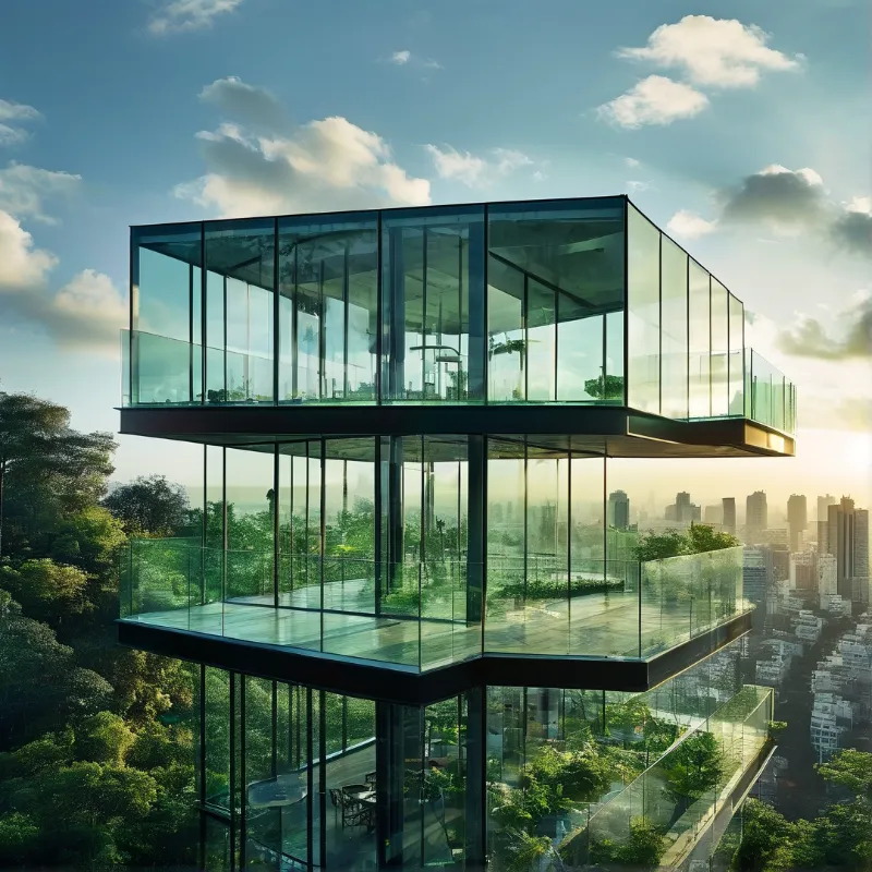 Three levels of transparent architecture overlook a dense urban landscape while bathed in warm sunlight.