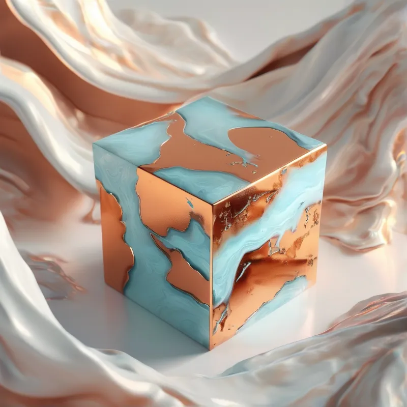 A glossy marbled cube with turquoise and copper tones rests on a white surface surrounded by flowing liquid waves under soft light
