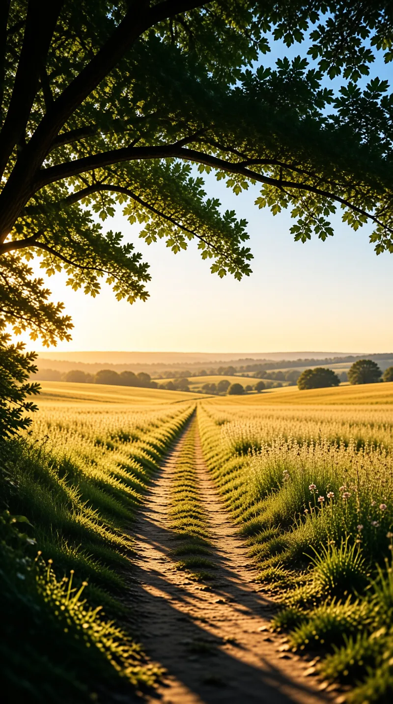 A sun-dappled dirt path winds through a field of white wildflowers towards distant rolling hills, framed by the dark silhouette of a large tree canopy in the upper left corner against a bright warm sky.
