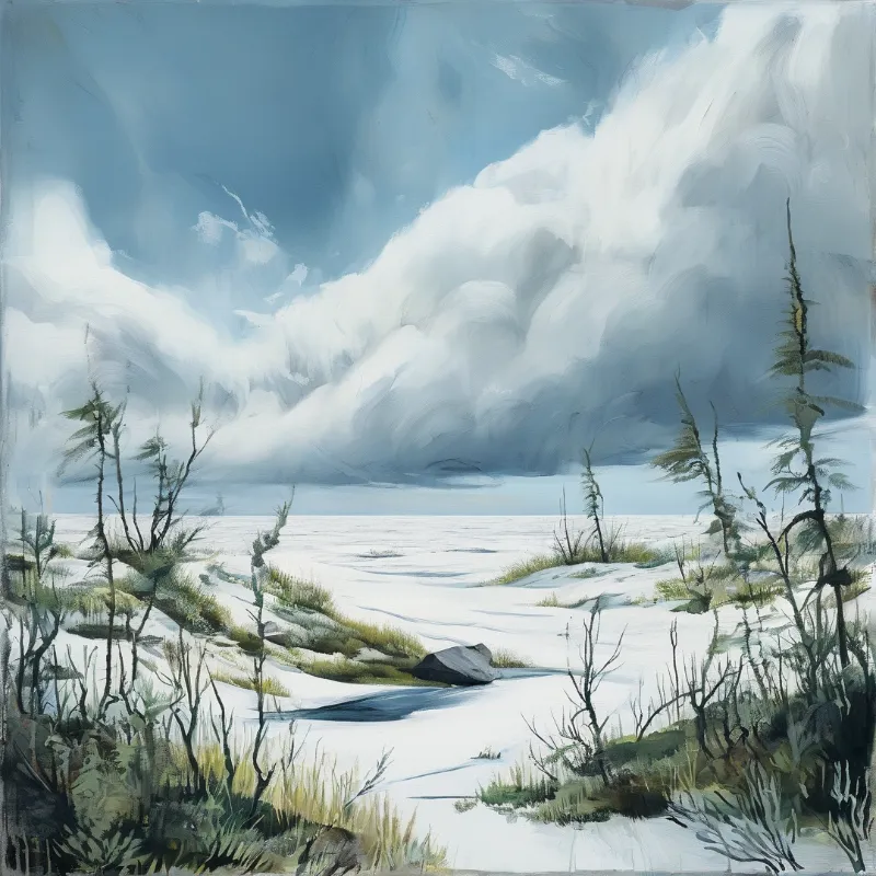 A painterly view of a wide snow covered landscape with sparse gaunt pines beneath bright and shadowed massive cumulus clouds.