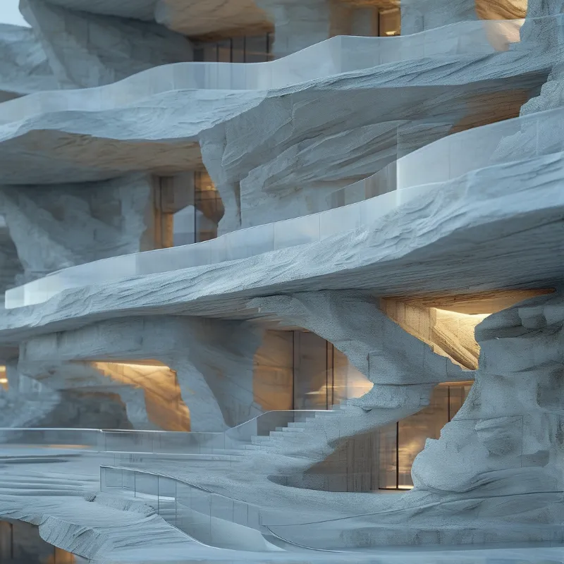 Wavy white structures form layered floors connected by stairs and glass railings while warm light glows from behind.
