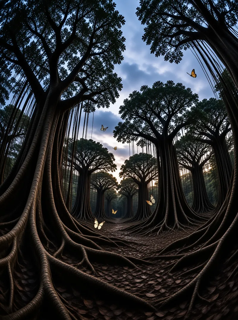 Massive twisting tree roots form an arched tunnel over a leaf strewn forest floor beneath a cloudy blue sky.