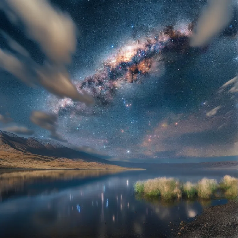 A bright band of stars stretches across the dark sky above a calm lake reflecting the galaxy.