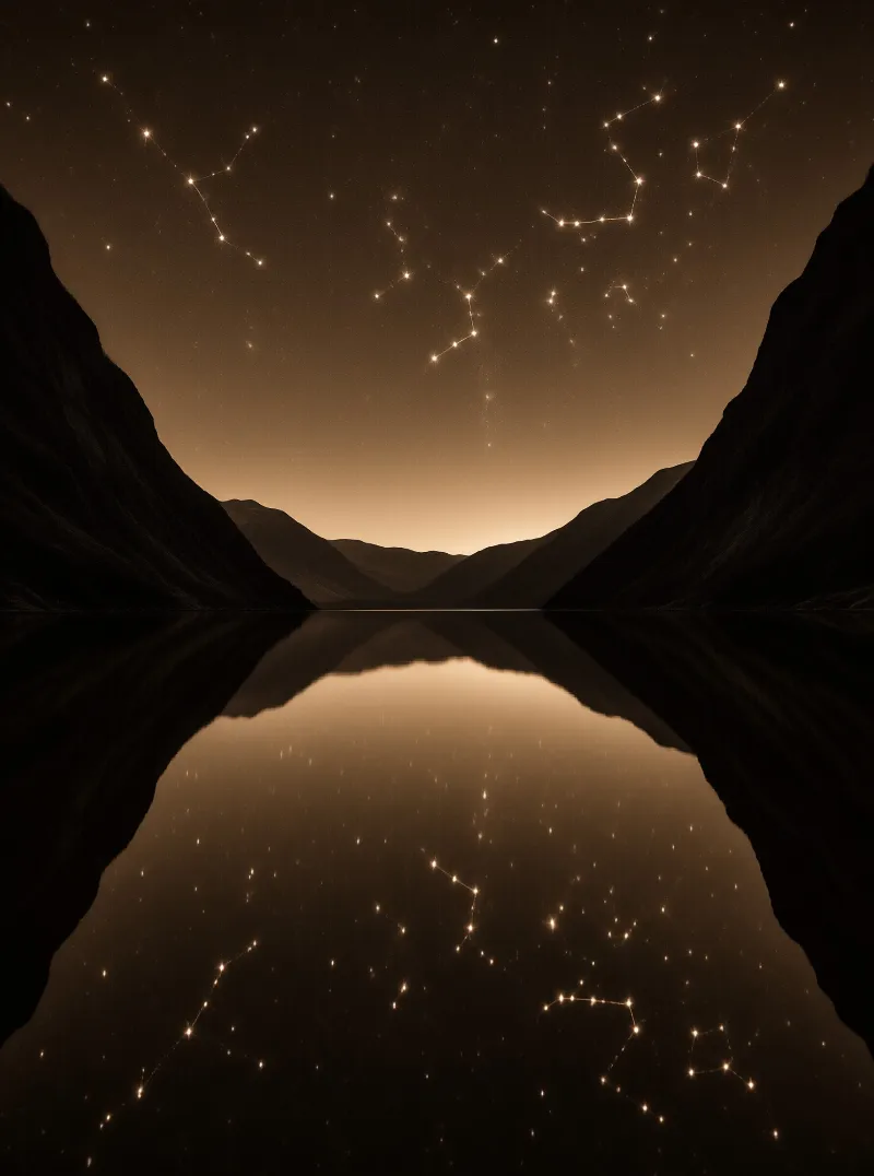 A sepia toned night scene where mountain silhouettes frame connected stars mirrored in calm water below.