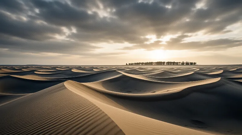 Rippled sand dunes stretch to a distant tree line at the horizon, bathed in warm sunset light peeking through dark clouds.