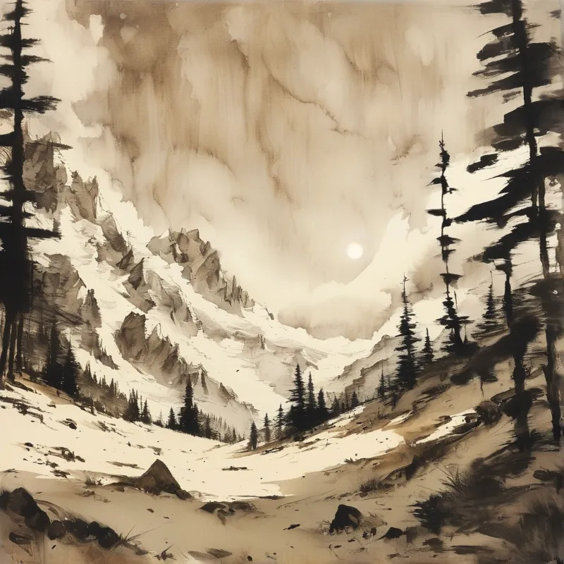 Sepia landscape featuring snowy mountain slopes and dark pine trees under a glowing light