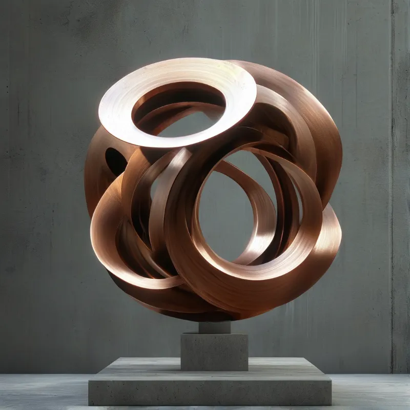 Interlocking ribbons of brushed bronze coil into a hollow sphere against a gray concrete gallery wall.