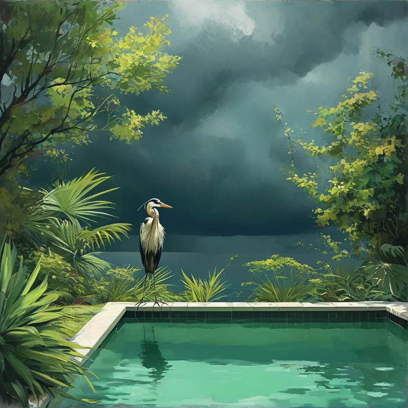 A black heron stands on a pool edge surrounded by lush green plants under dark storm clouds over distant water.