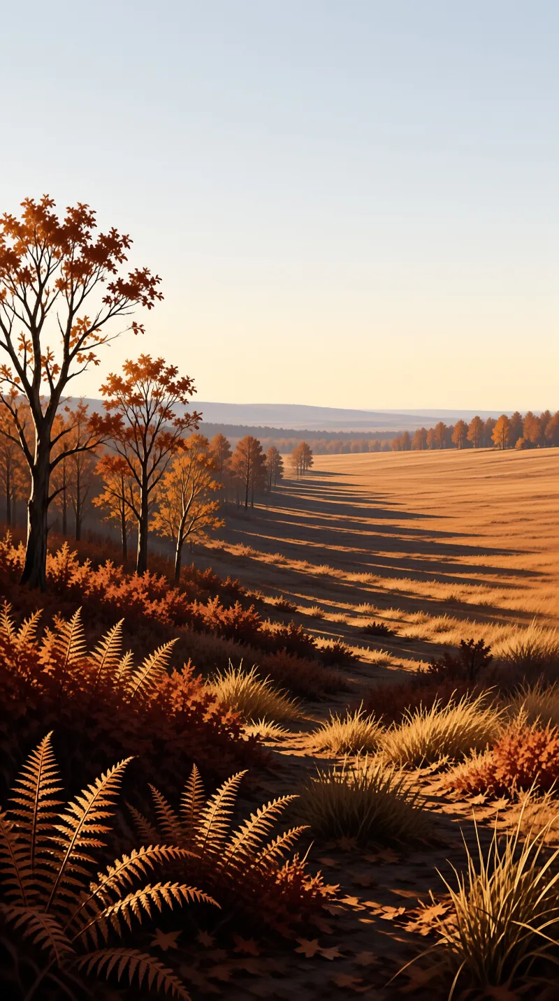 Autumn trees cast long shadows across a grassy field while ferns and shrubs populate the foreground in warm sunlight.